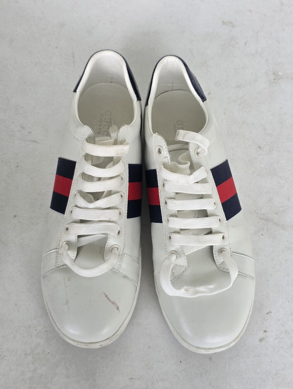 Gucci Ace Web Stripe White Leather Sneakers Navy Red Low Top Shoes Men Sz 7/8